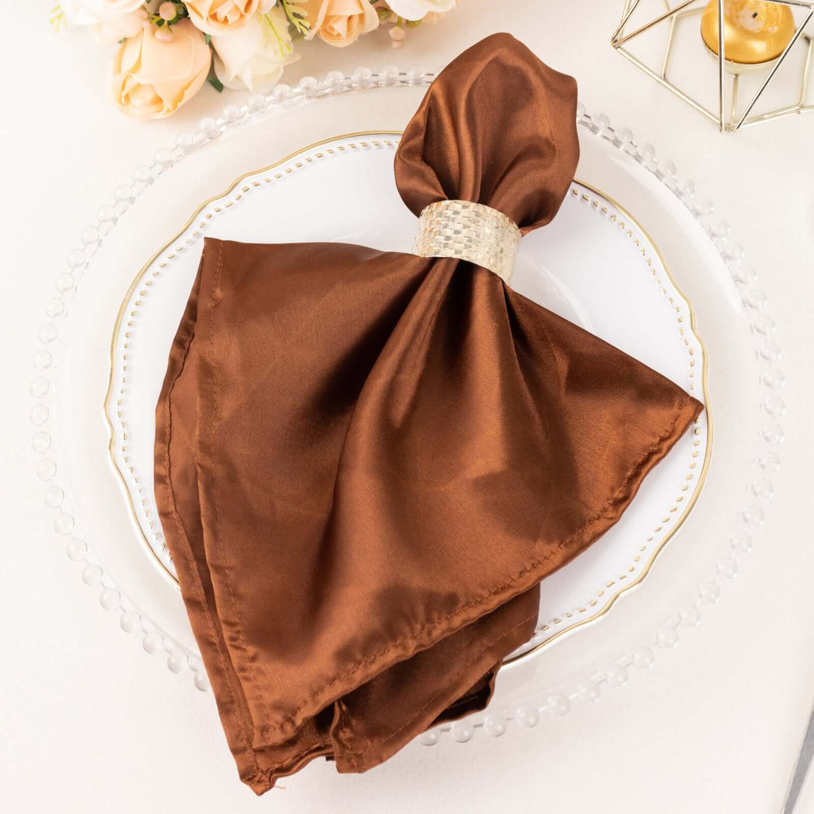 5 Pack Satin 20"x20" Napkins Cinnamon Brown - Luxurious Shine & Smooth Dinner Napkins - Bell Racket Store