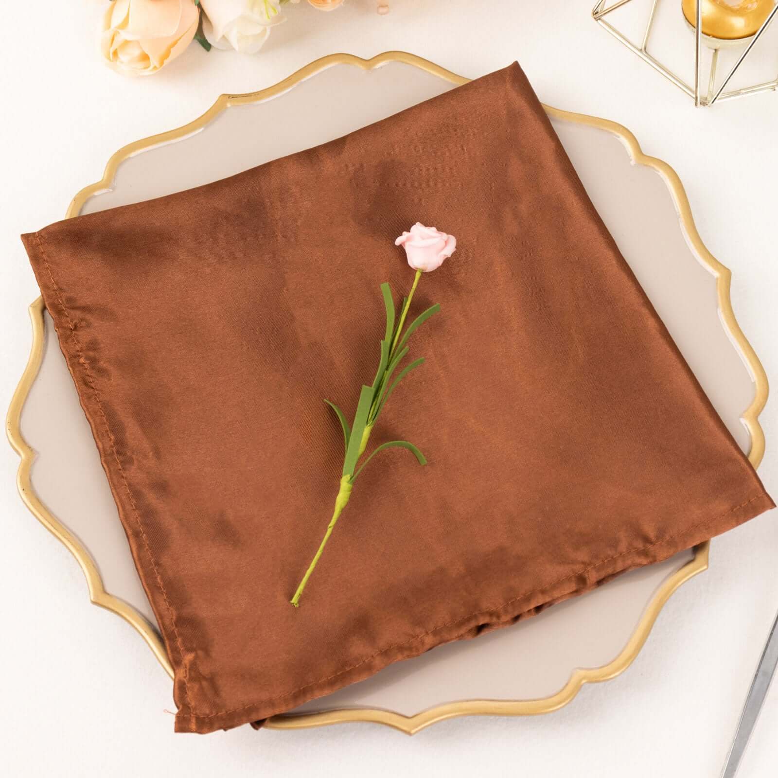 5 Pack Satin 20"x20" Napkins Cinnamon Brown - Luxurious Shine & Smooth Dinner Napkins - Bell Racket Store