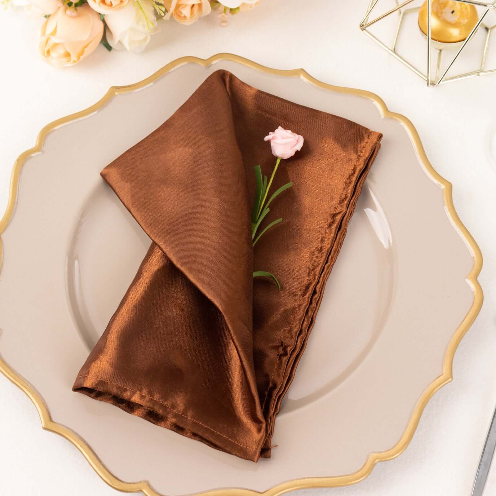 5 Pack Satin 20"x20" Napkins Cinnamon Brown - Luxurious Shine & Smooth Dinner Napkins - Bell Racket Store