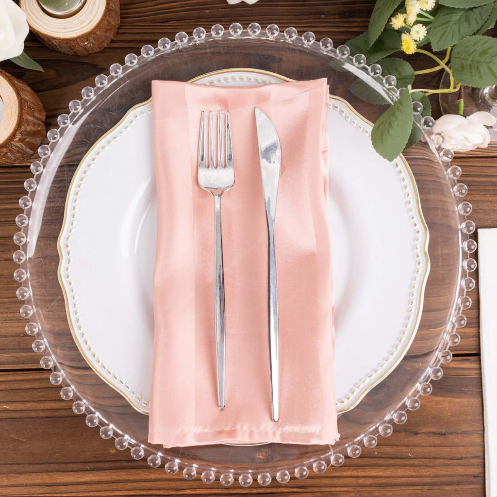 5 Pack Satin 20"x20" Napkins Dusty Rose Glossy Stripes - Durable & Wrinkle - Free Cloth Napkins - Bell Racket Store