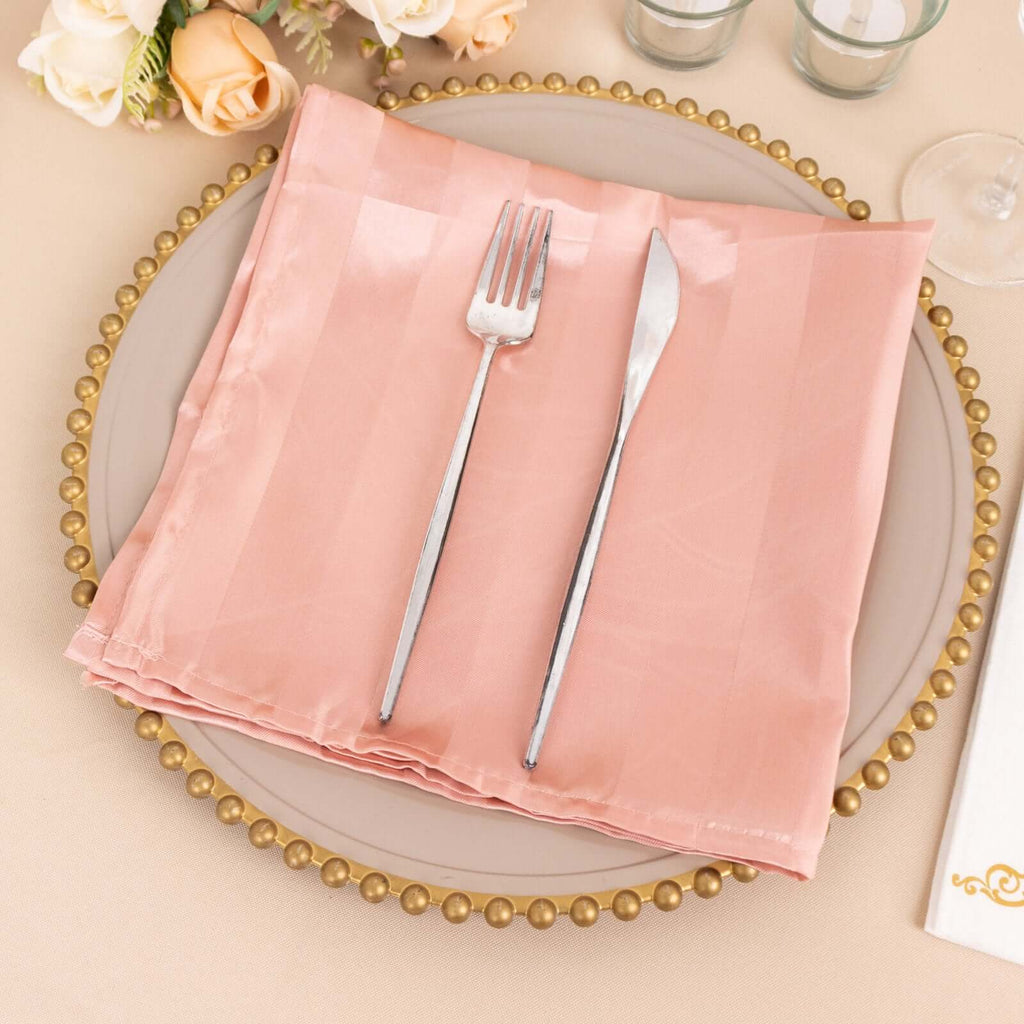 5 Pack Satin 20"x20" Napkins Dusty Rose Glossy Stripes - Durable & Wrinkle - Free Cloth Napkins - Bell Racket Store