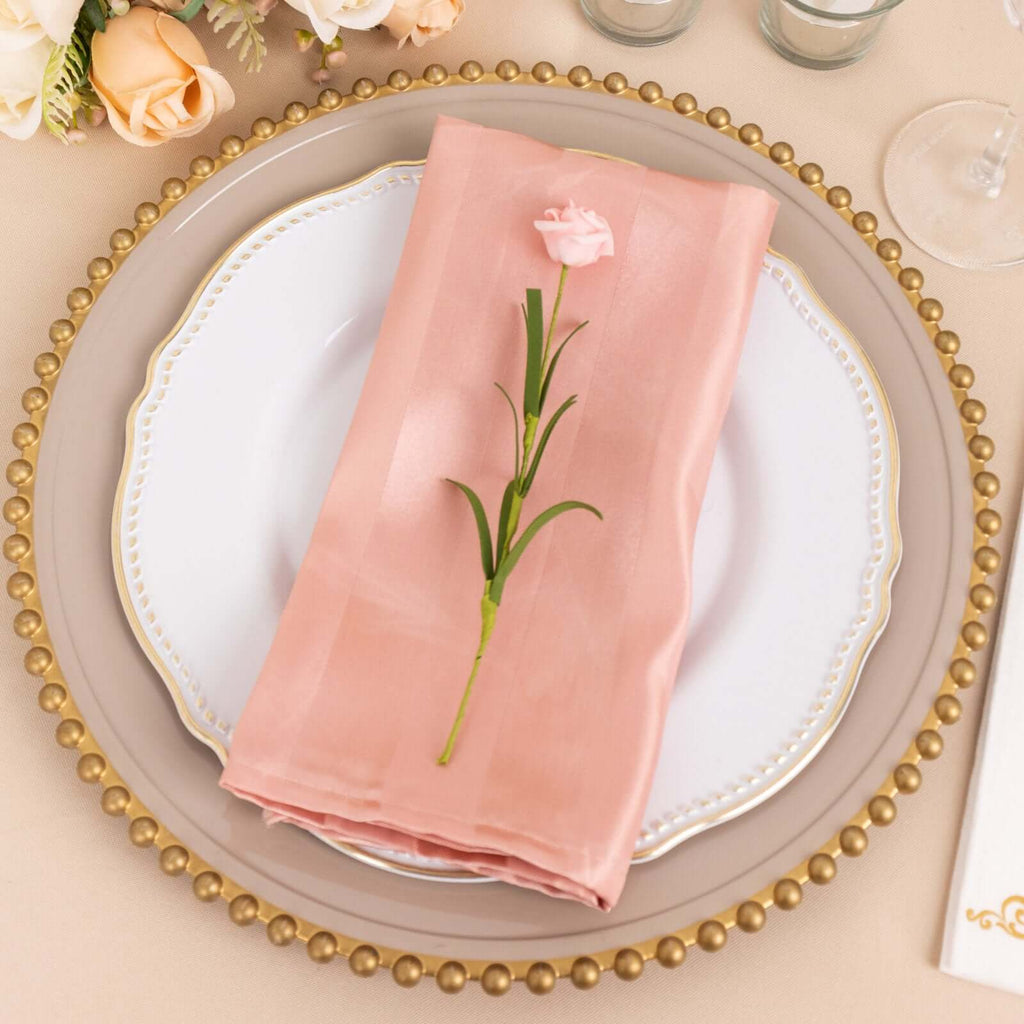 5 Pack Satin 20"x20" Napkins Dusty Rose Glossy Stripes - Durable & Wrinkle - Free Cloth Napkins - Bell Racket Store