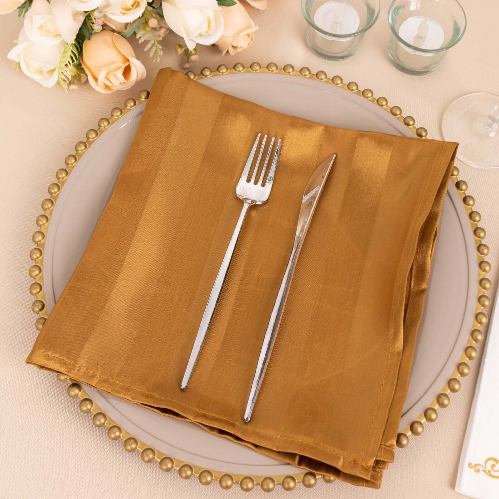 5 Pack Satin 20"x20" Napkins Gold Glossy Stripes - Durable & Wrinkle - Free Cloth Napkins - Bell Racket Store