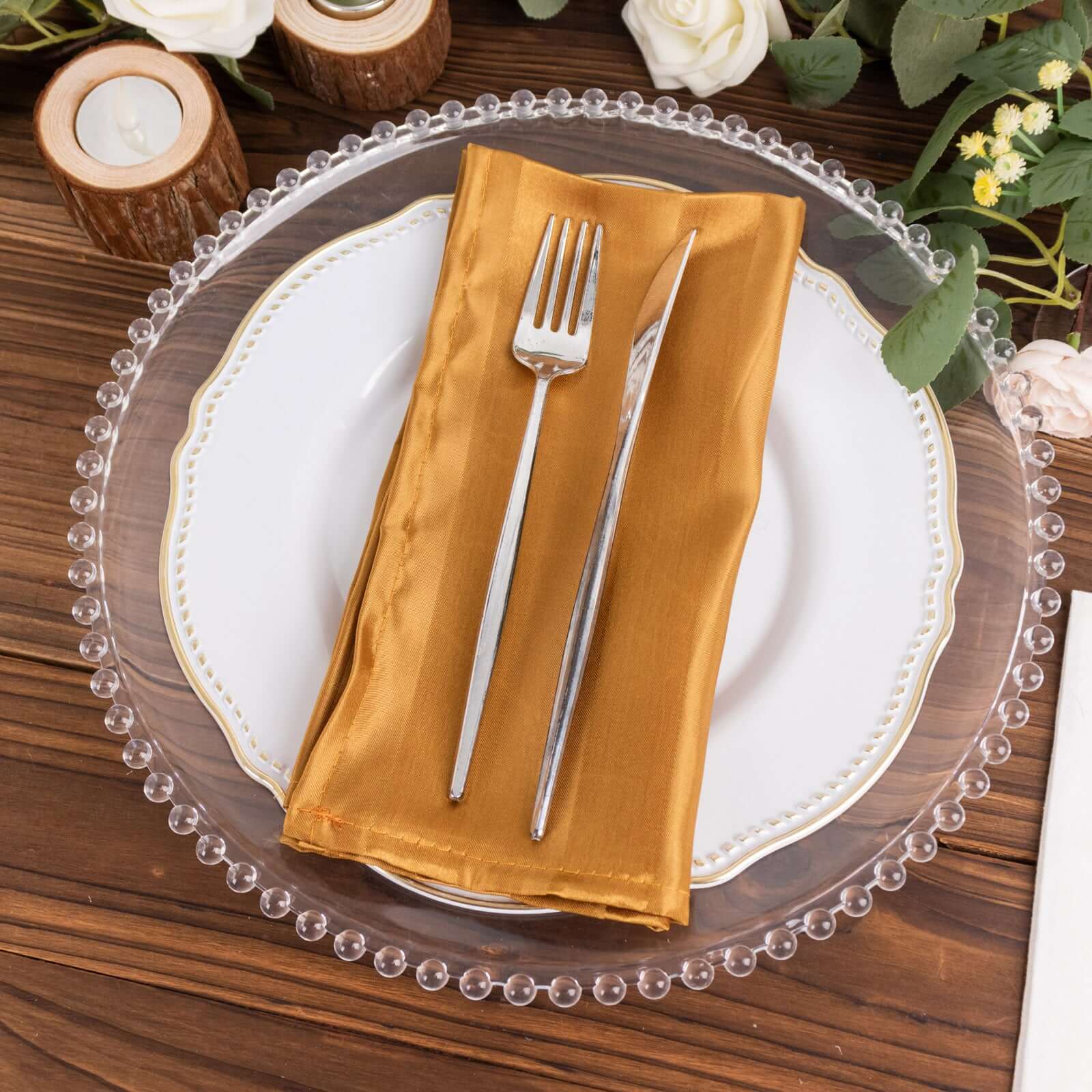 5 Pack Satin 20"x20" Napkins Gold Glossy Stripes - Durable & Wrinkle - Free Cloth Napkins - Bell Racket Store