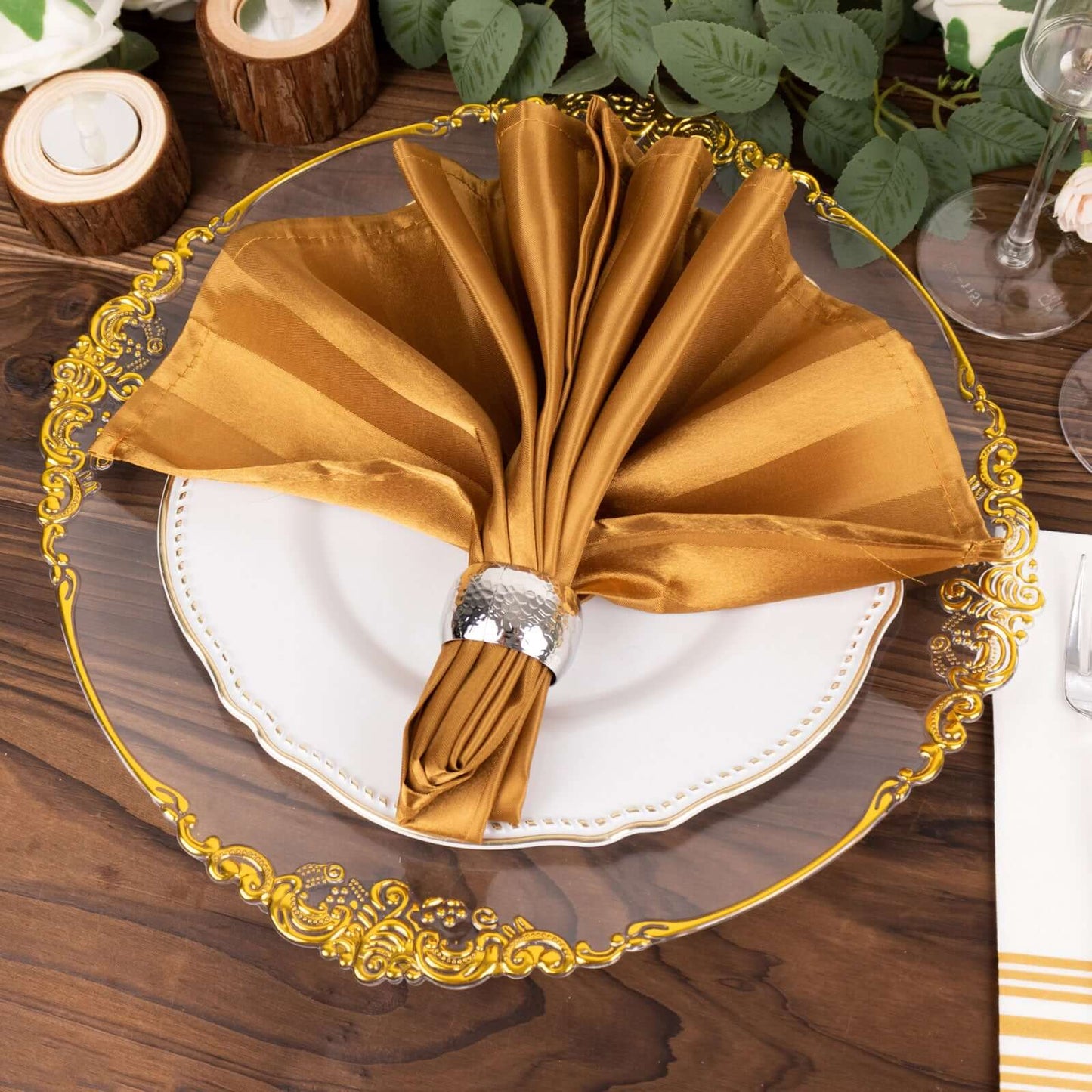5 Pack Satin 20"x20" Napkins Gold Glossy Stripes - Durable & Wrinkle - Free Cloth Napkins - Bell Racket Store