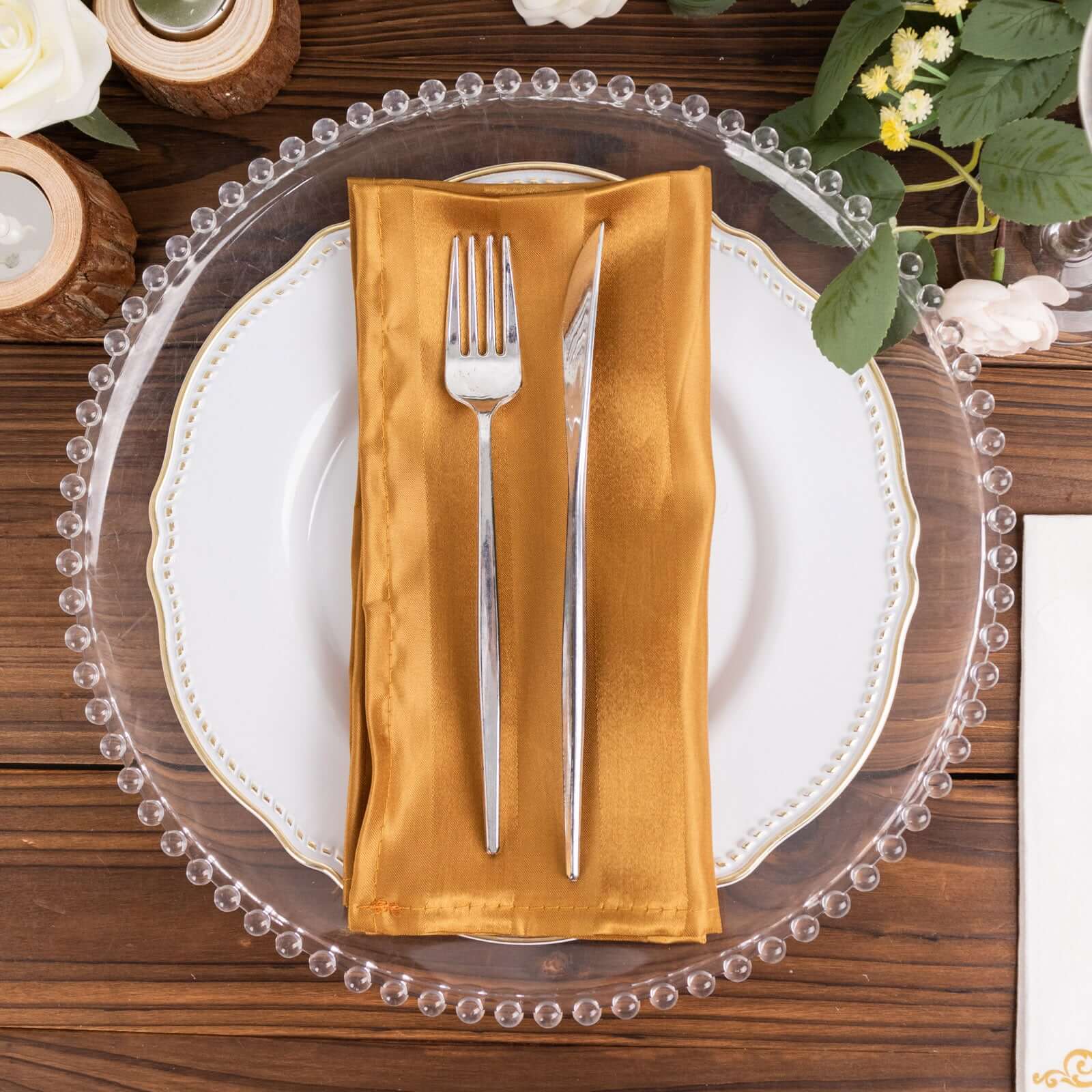 5 Pack Satin 20"x20" Napkins Gold Glossy Stripes - Durable & Wrinkle - Free Cloth Napkins - Bell Racket Store