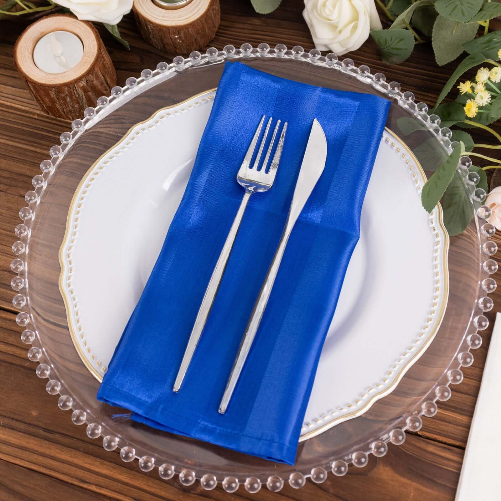 5 Pack Satin 20"x20" Napkins Royal Blue Glossy Stripes - Durable & Wrinkle - Free Cloth Napkins - Bell Racket Store