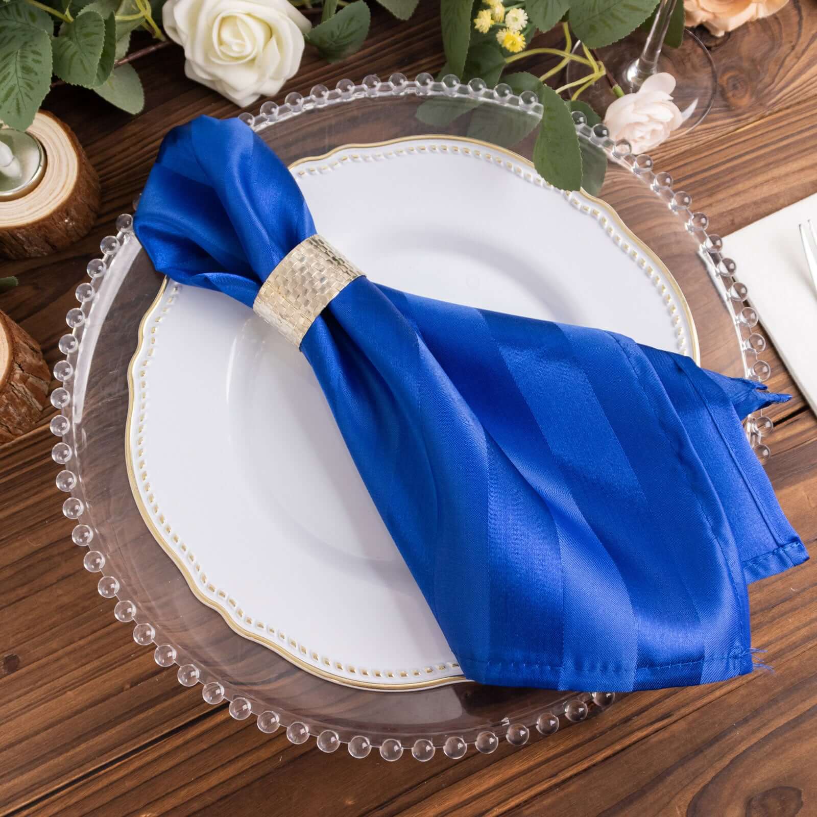 5 Pack Satin 20"x20" Napkins Royal Blue Glossy Stripes - Durable & Wrinkle - Free Cloth Napkins - Bell Racket Store