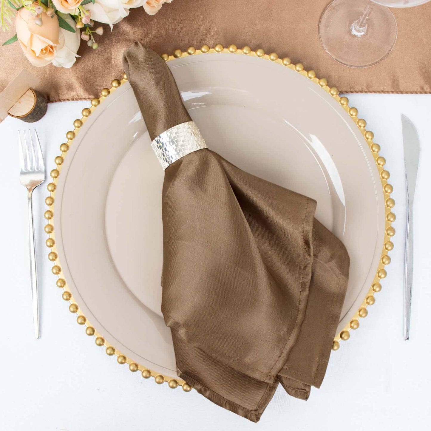 5 Pack Satin 20"x20" Napkins Taupe - Luxurious Shine & Smooth Dinner Napkins