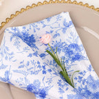 5 Pack Satin 20"x20" Napkins White/Blue French Toile Pattern - Classy & Easy to Maintain Cloth Napkins for Weddings & Events - Bell Racket Store
