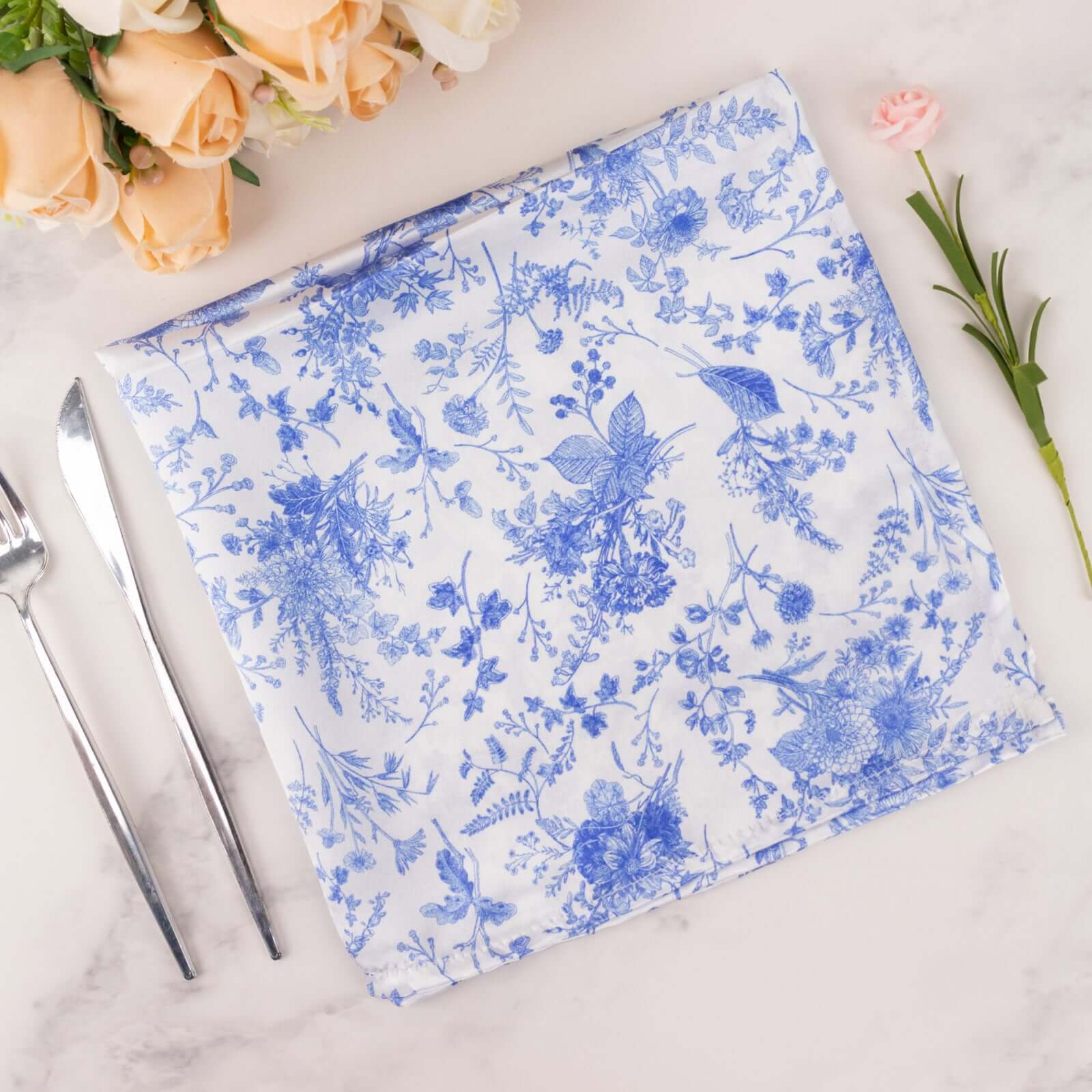 5 Pack Satin 20"x20" Napkins White/Blue French Toile Pattern - Classy & Easy to Maintain Cloth Napkins for Weddings & Events - Bell Racket Store