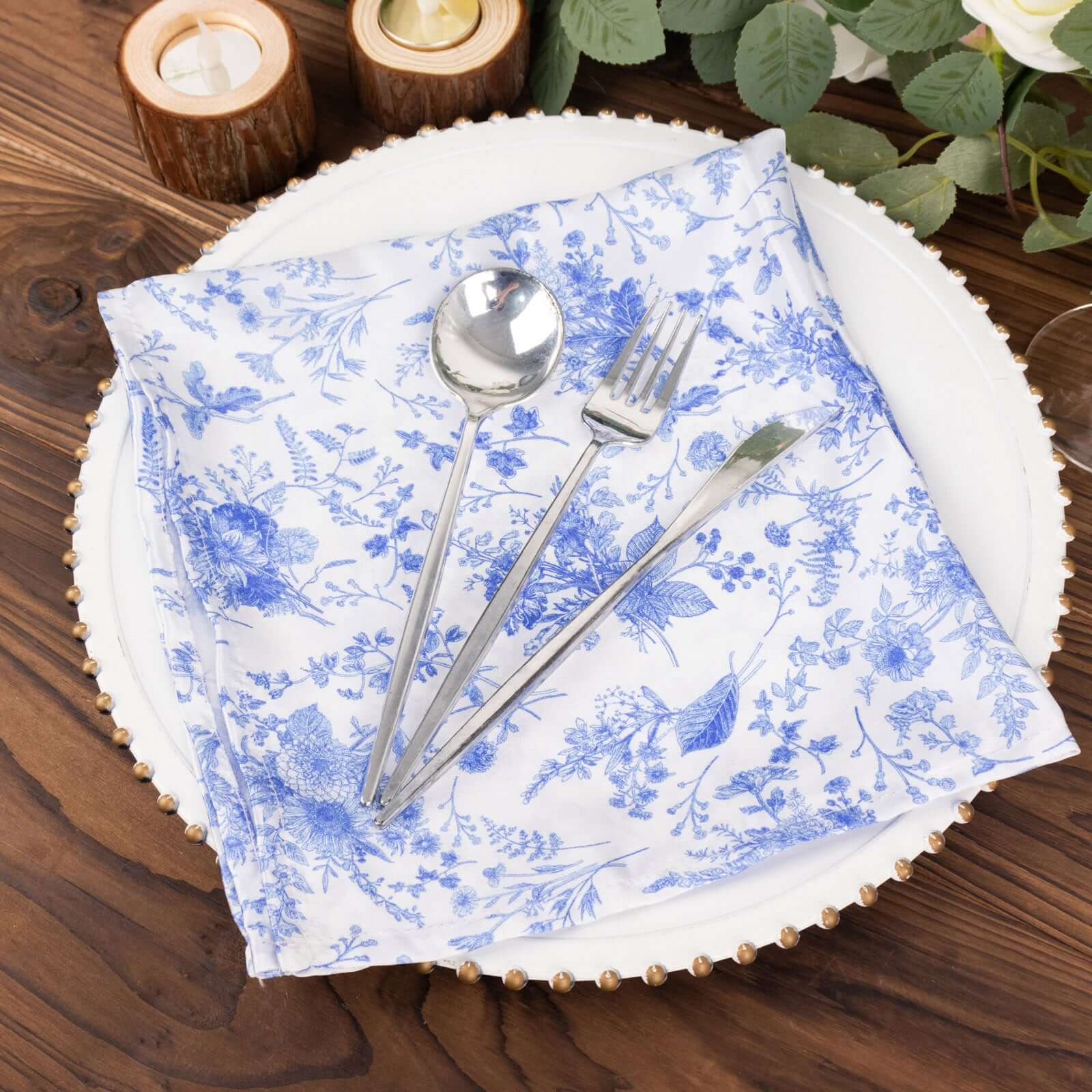 5 Pack Satin 20"x20" Napkins White/Blue French Toile Pattern - Classy & Easy to Maintain Cloth Napkins for Weddings & Events - Bell Racket Store
