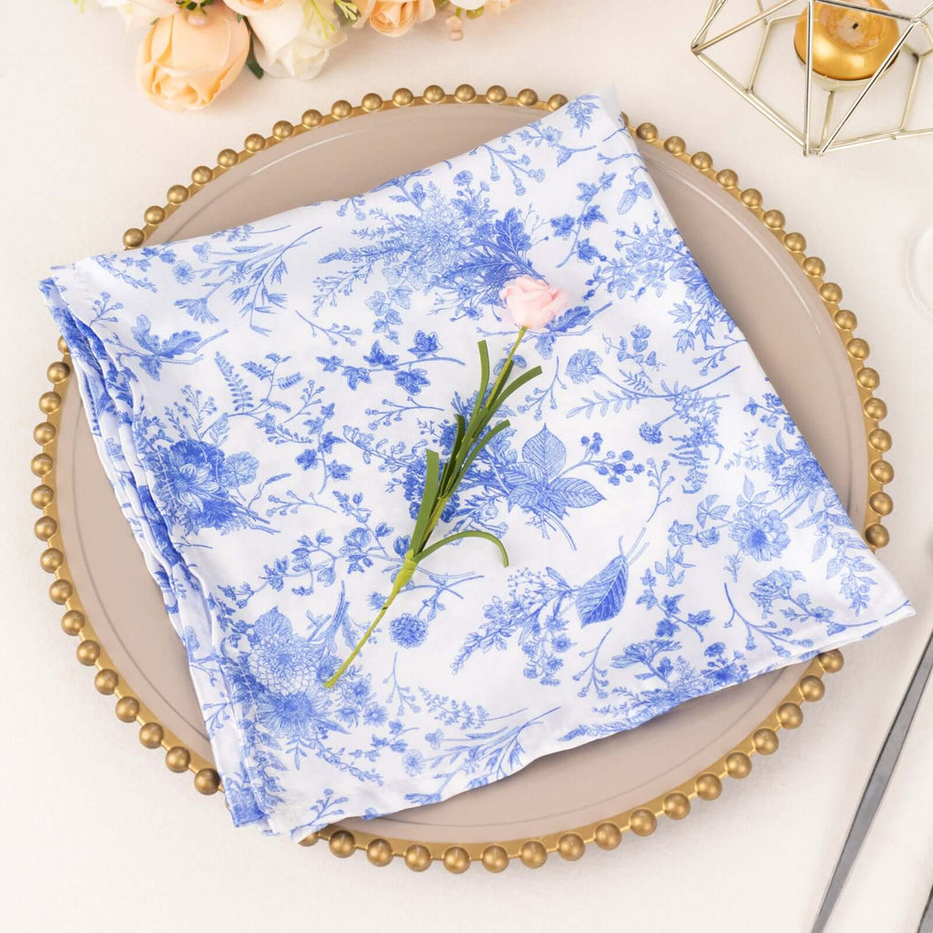 5 Pack Satin 20"x20" Napkins White/Blue French Toile Pattern - Classy & Easy to Maintain Cloth Napkins for Weddings & Events - Bell Racket Store