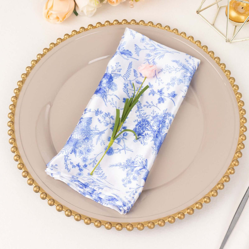 5 Pack Satin 20"x20" Napkins White/Blue French Toile Pattern - Classy & Easy to Maintain Cloth Napkins for Weddings & Events - Bell Racket Store