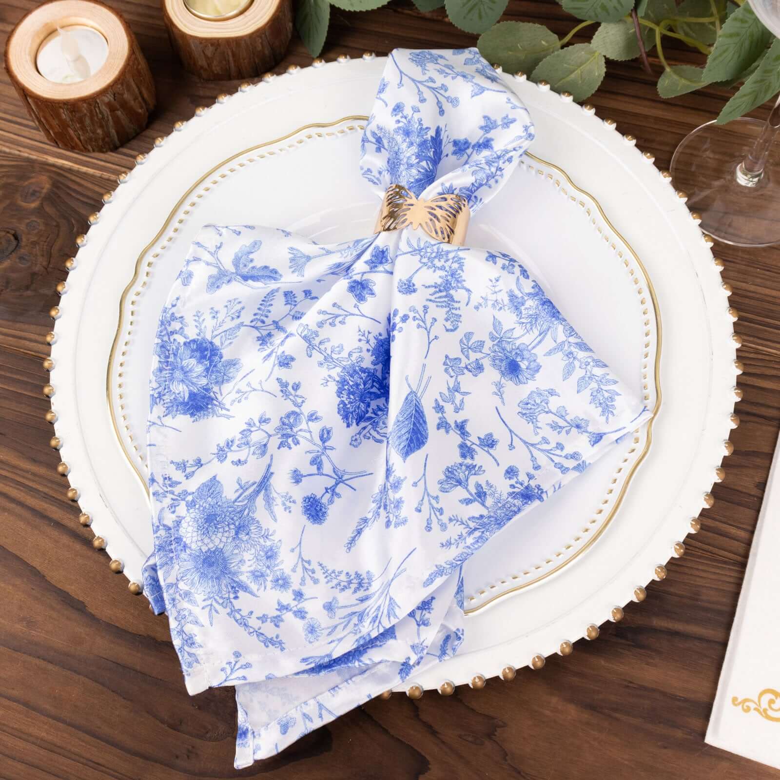 5 Pack Satin 20"x20" Napkins White/Blue French Toile Pattern - Classy & Easy to Maintain Cloth Napkins for Weddings & Events - Bell Racket Store