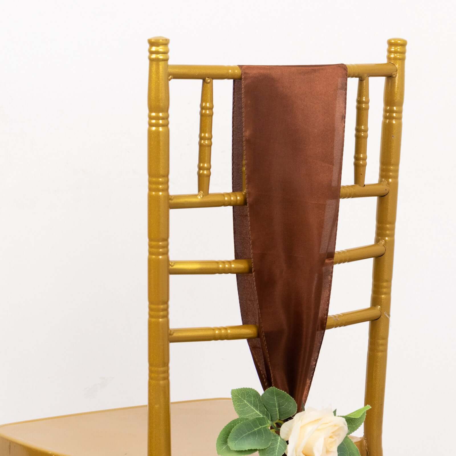 5 Pack Satin Chair Sashes Cinnamon Brown - Durable Chair Bows with Shiny Finish 6"x106" - Bell Racket Store