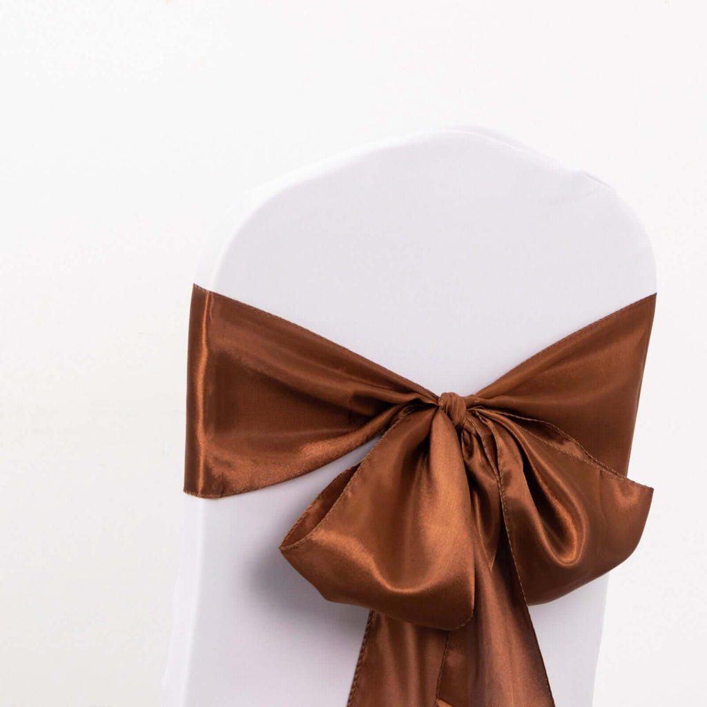 5 Pack Satin Chair Sashes Cinnamon Brown - Durable Chair Bows with Shiny Finish 6"x106" - Bell Racket Store