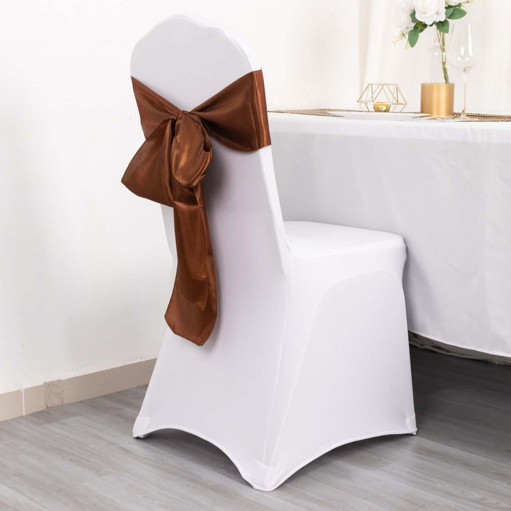 5 Pack Satin Chair Sashes Cinnamon Brown - Durable Chair Bows with Shiny Finish 6"x106" - Bell Racket Store