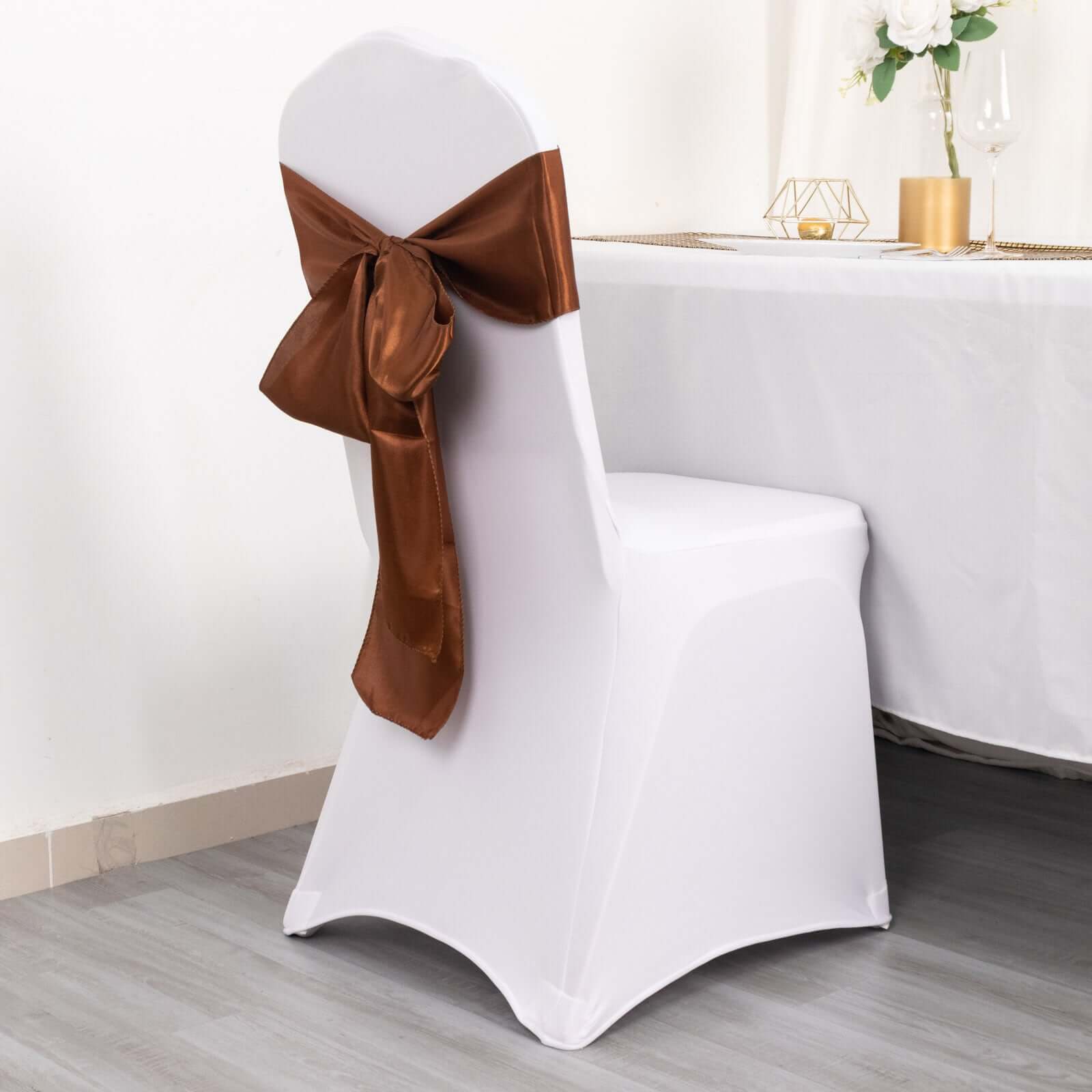 5 Pack Satin Chair Sashes Cinnamon Brown - Durable Chair Bows with Shiny Finish 6"x106" - Bell Racket Store