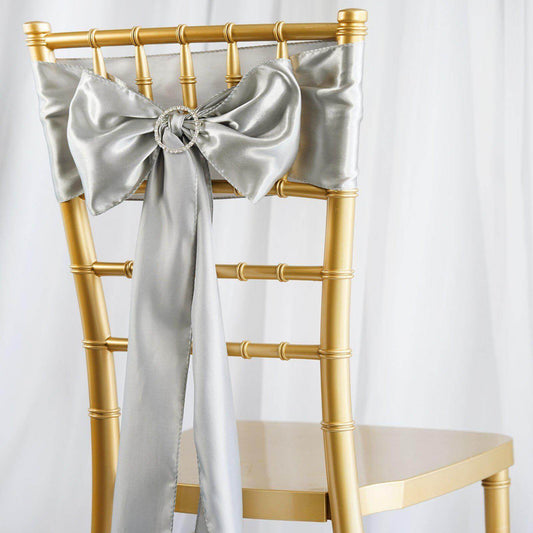 5 Pack Satin Chair Sashes Silver - Durable Chair Bows with Shiny Finish 6"x106" - NestOCart