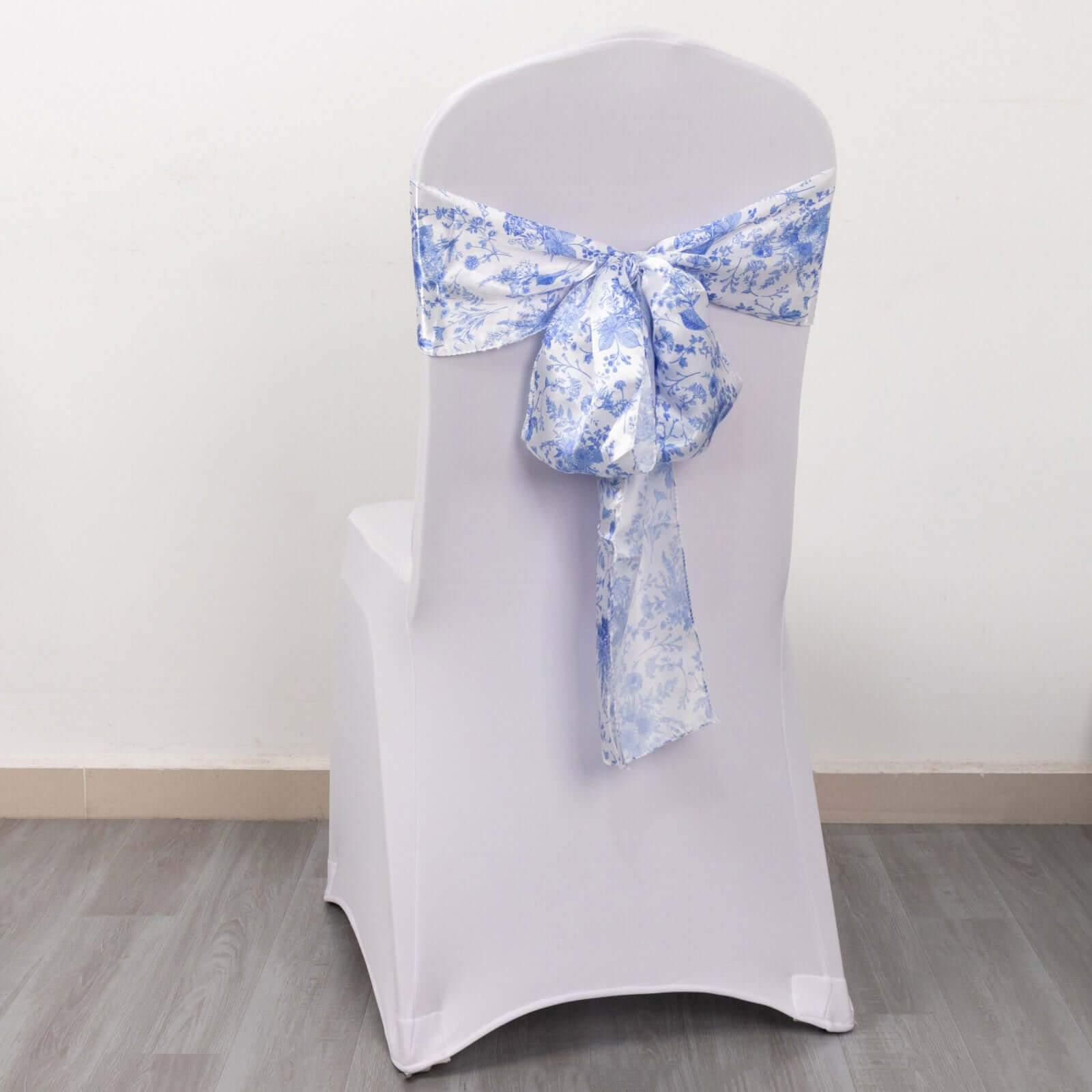 5 Pack Satin Chair Sashes White/Blue French Toile Floral Pattern - Wrinkle - Resistant & Reusable Chair Bows for Effortless Event Setup 6"x108" - Bell Racket Store