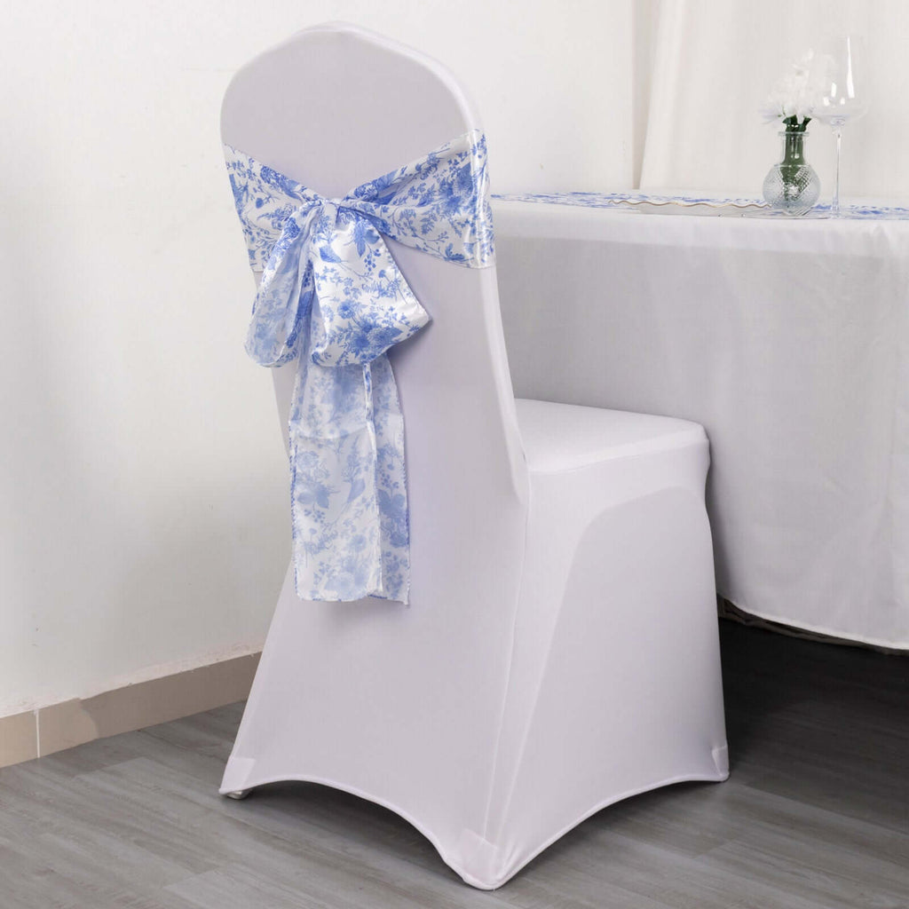 5 Pack Satin Chair Sashes White/Blue French Toile Floral Pattern - Wrinkle - Resistant & Reusable Chair Bows for Effortless Event Setup 6"x108" - Bell Racket Store