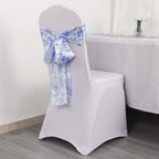 5 Pack Satin Chair Sashes White/Blue French Toile Floral Pattern - Wrinkle - Resistant & Reusable Chair Bows for Effortless Event Setup 6"x108" - Bell Racket Store