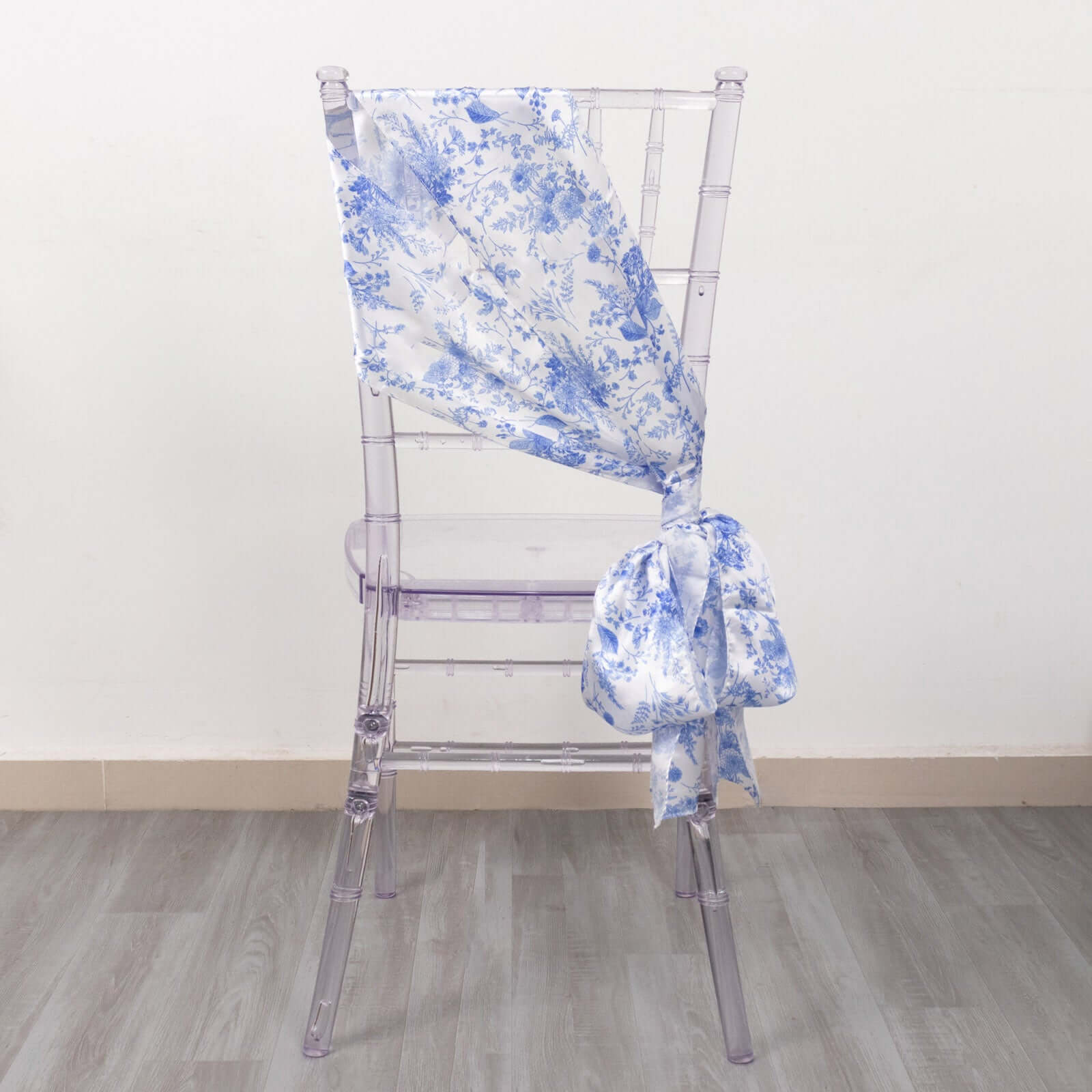5 Pack Satin Chair Sashes White/Blue French Toile Floral Pattern - Wrinkle - Resistant & Reusable Chair Bows for Effortless Event Setup 6"x108" - Bell Racket Store