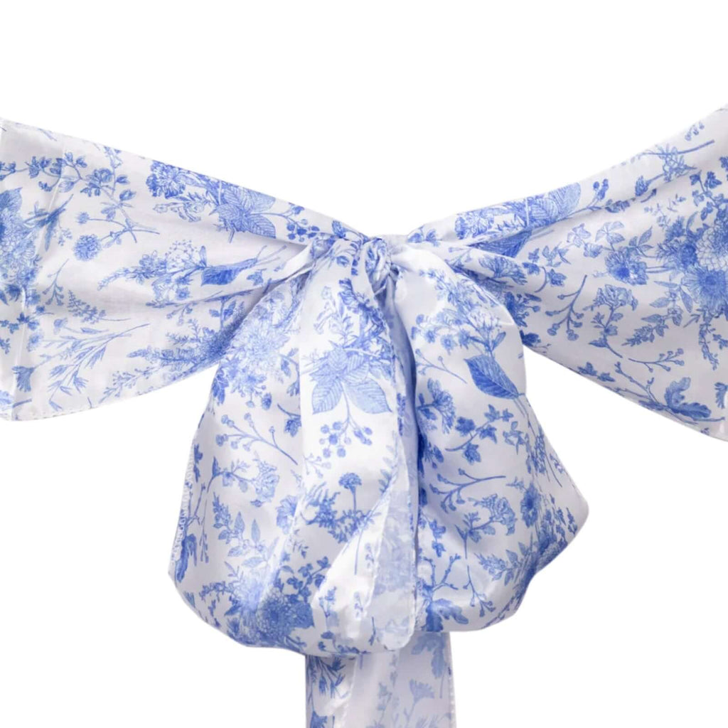 5 Pack Satin Chair Sashes White/Blue French Toile Floral Pattern - Wrinkle - Resistant & Reusable Chair Bows for Effortless Event Setup 6"x108" - Bell Racket Store