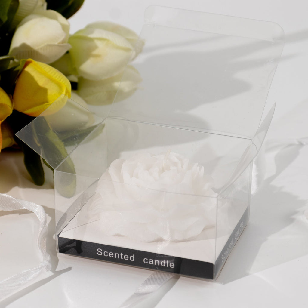 5 - Pack Scented Candles Floating Peony Flower Design White Wax - Decorative Party Favors with Individual Gift Boxes & Ribbons 3" - Bell Racket Store