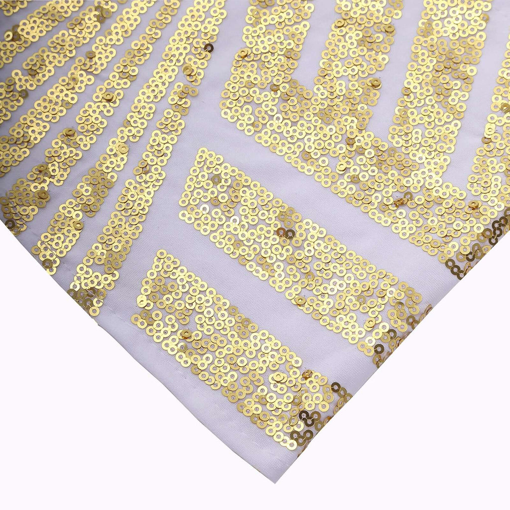 5 Pack Sequin Spandex Chair Sash White with Gold Geometric Diamond Glitz Pattern - Durable & Easy To Use Stretchable Chair Bands for High - End Gatherings - Bell Racket Store