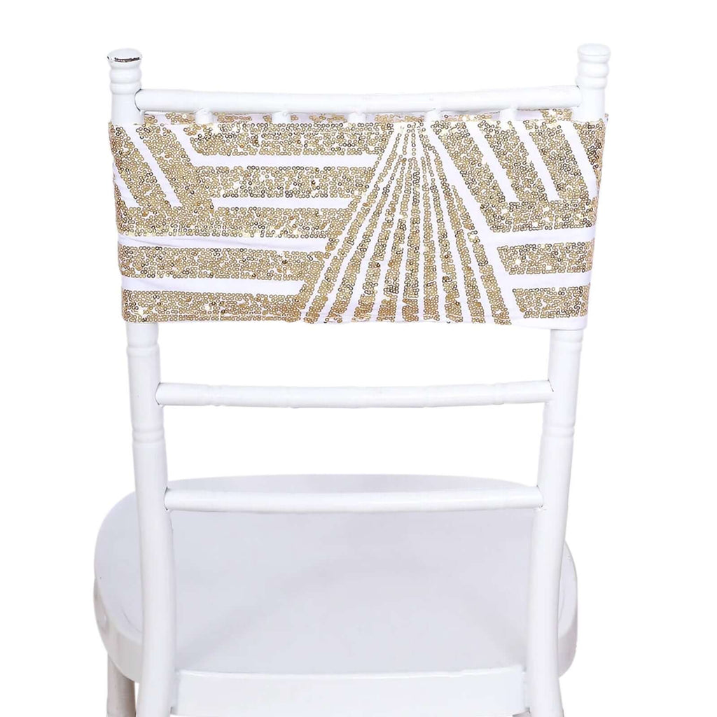 5 Pack Sequin Spandex Chair Sash White with Gold Geometric Diamond Glitz Pattern - Durable & Easy To Use Stretchable Chair Bands for High - End Gatherings - Bell Racket Store