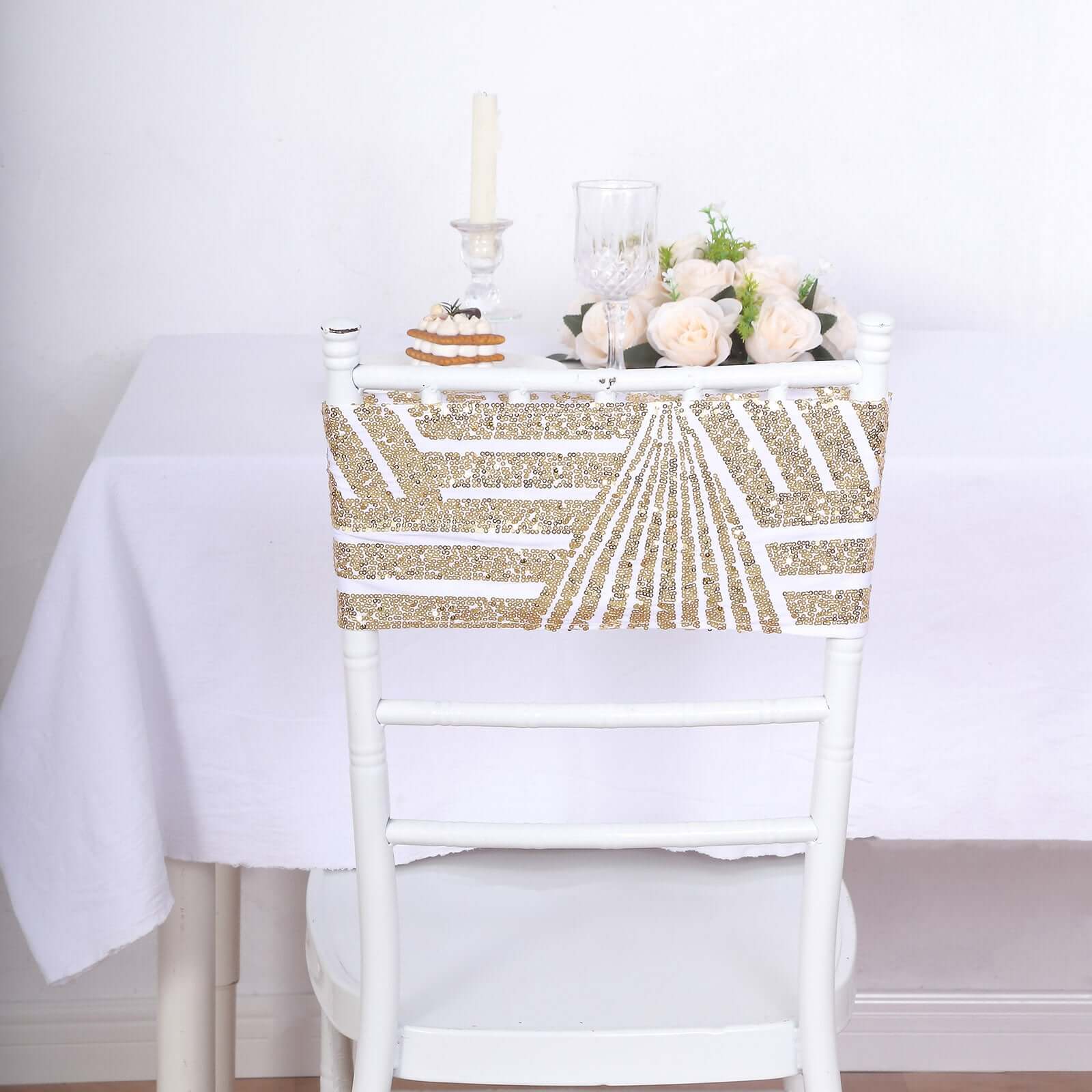 5 Pack Sequin Spandex Chair Sash White with Gold Geometric Diamond Glitz Pattern - Durable & Easy To Use Stretchable Chair Bands for High - End Gatherings - Bell Racket Store