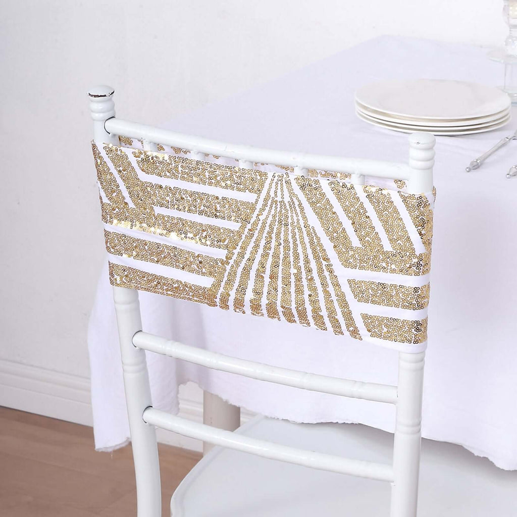 5 Pack Sequin Spandex Chair Sash White with Gold Geometric Diamond Glitz Pattern - Durable & Easy To Use Stretchable Chair Bands for High - End Gatherings - Bell Racket Store