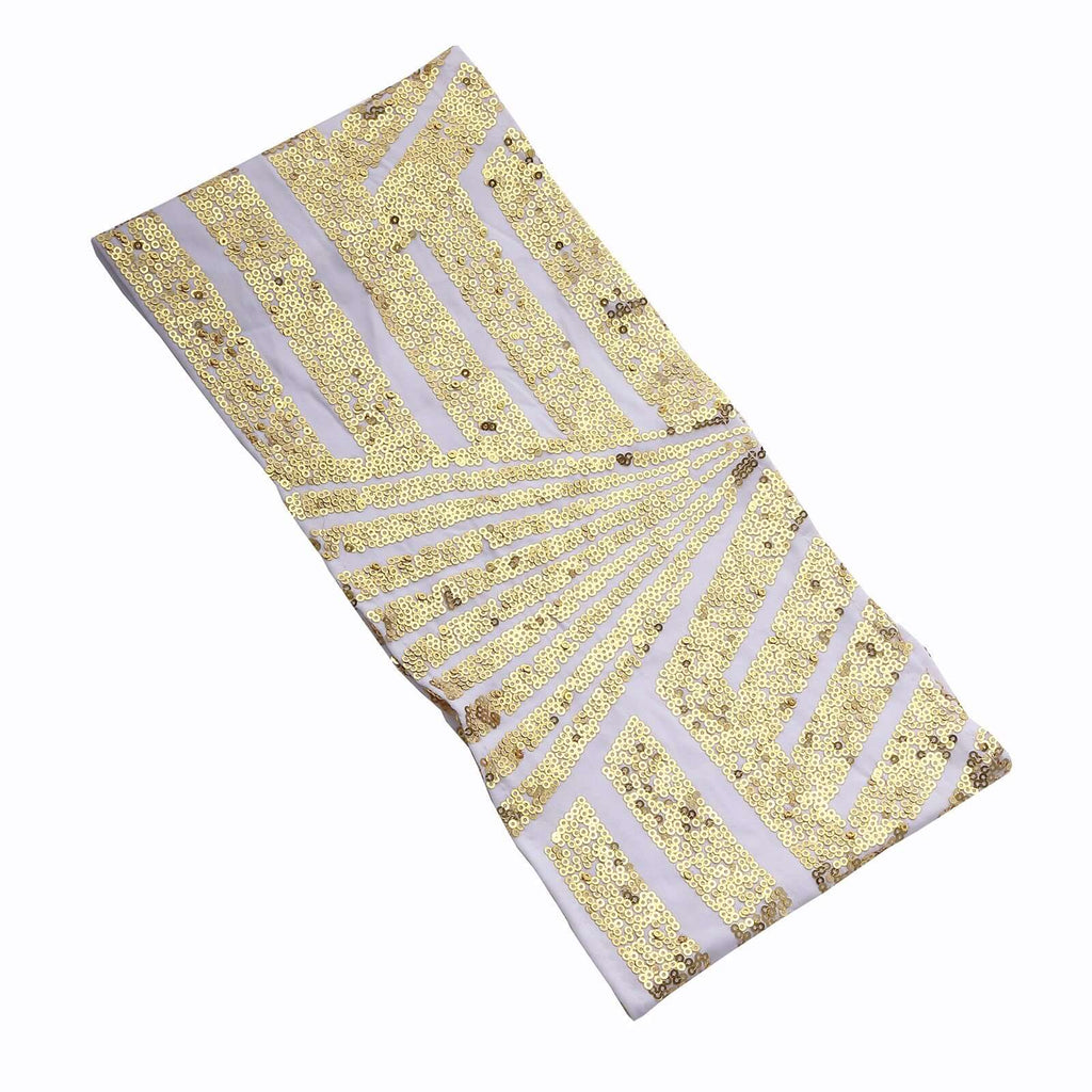 5 Pack Sequin Spandex Chair Sash White with Gold Geometric Diamond Glitz Pattern - Durable & Easy To Use Stretchable Chair Bands for High - End Gatherings - Bell Racket Store