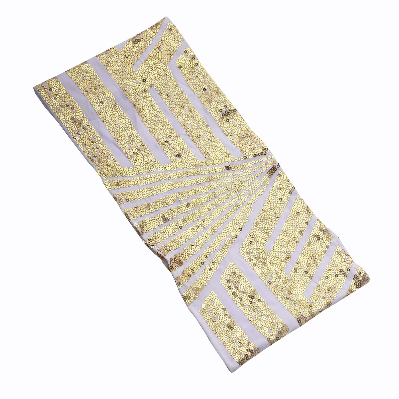 5 Pack Sequin Spandex Chair Sash White with Gold Geometric Diamond Glitz Pattern - Durable & Easy To Use Stretchable Chair Bands for High - End Gatherings - Bell Racket Store