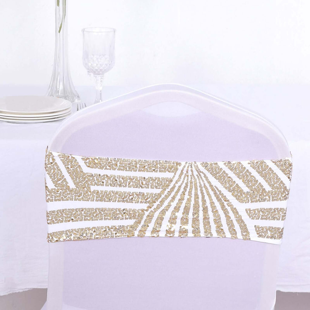 5 Pack Sequin Spandex Chair Sash White with Gold Geometric Diamond Glitz Pattern - Durable & Easy To Use Stretchable Chair Bands for High - End Gatherings - Bell Racket Store