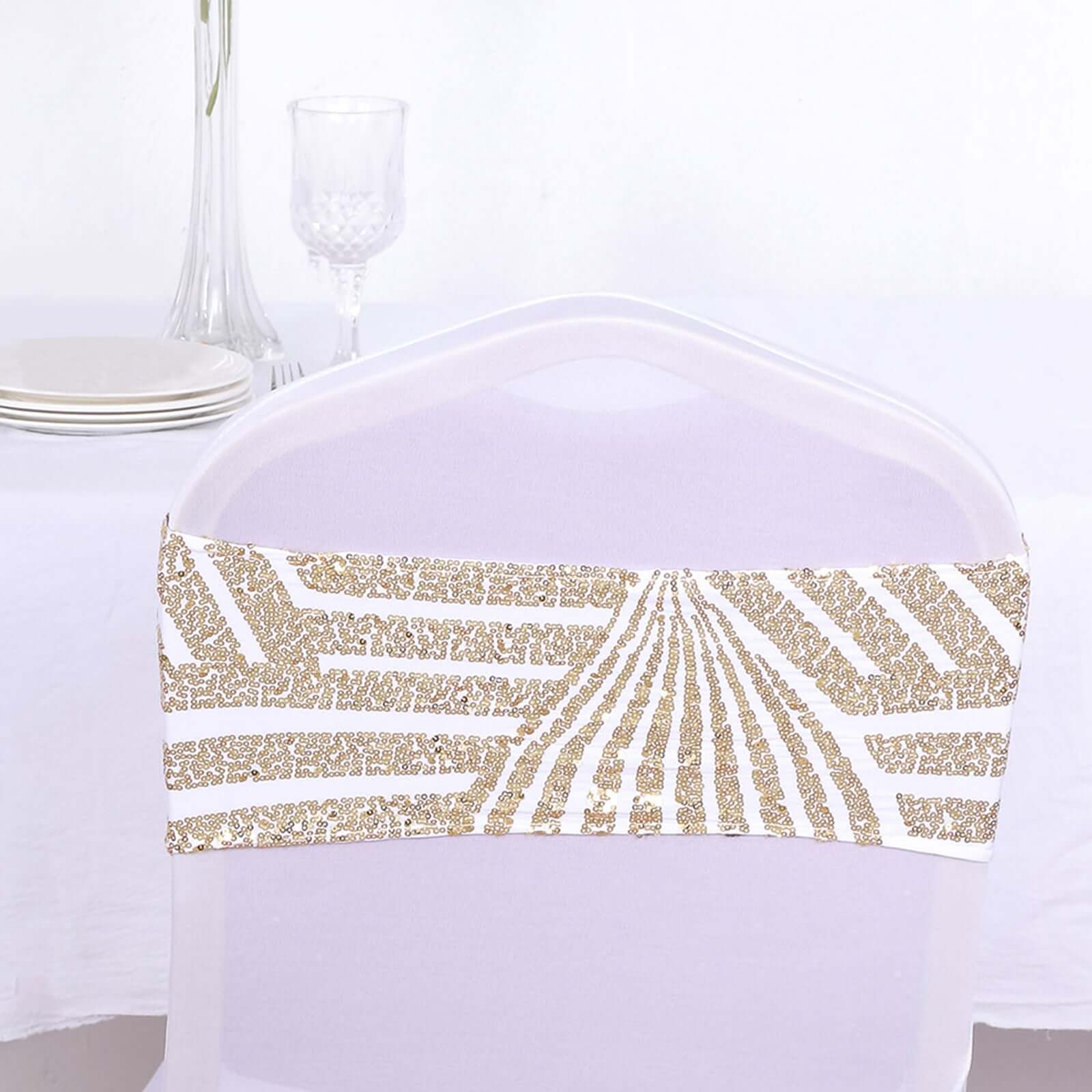 5 Pack Sequin Spandex Chair Sash White with Gold Geometric Diamond Glitz Pattern - Durable & Easy To Use Stretchable Chair Bands for High - End Gatherings - Bell Racket Store