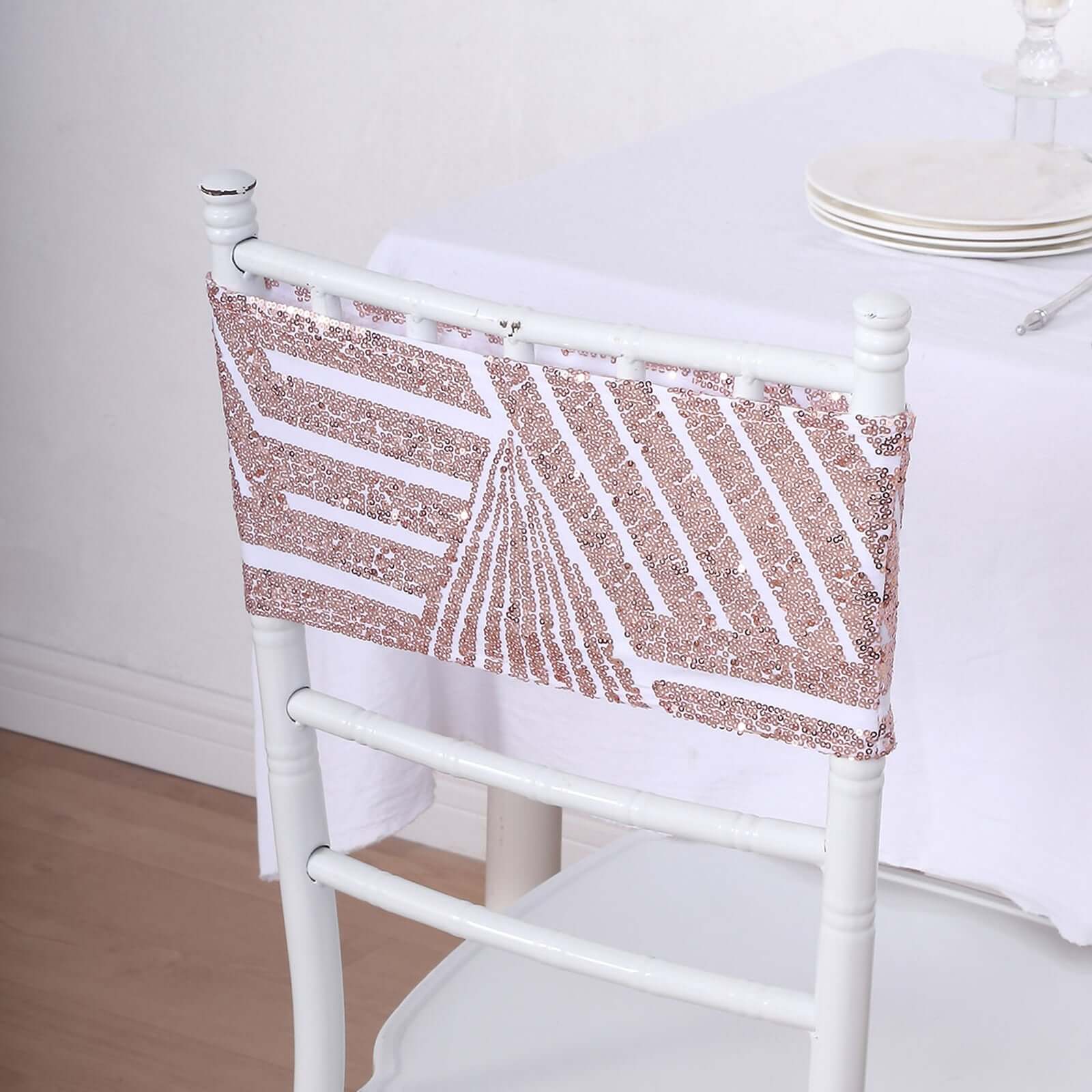 5 Pack Sequin Spandex Chair Sash White with Rose Gold Geometric Diamond Glitz Pattern - Durable & Easy To Use Stretchable Chair Bands - Bell Racket Store