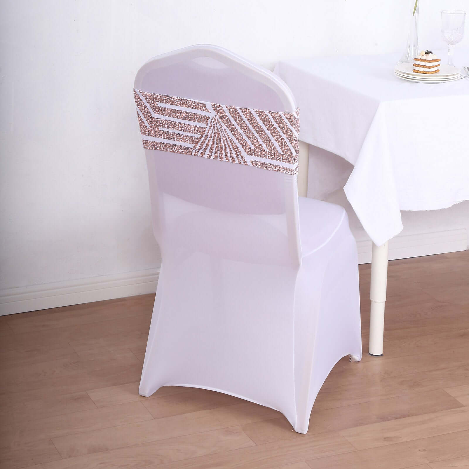 5 Pack Sequin Spandex Chair Sash White with Rose Gold Geometric Diamond Glitz Pattern - Durable & Easy To Use Stretchable Chair Bands - Bell Racket Store