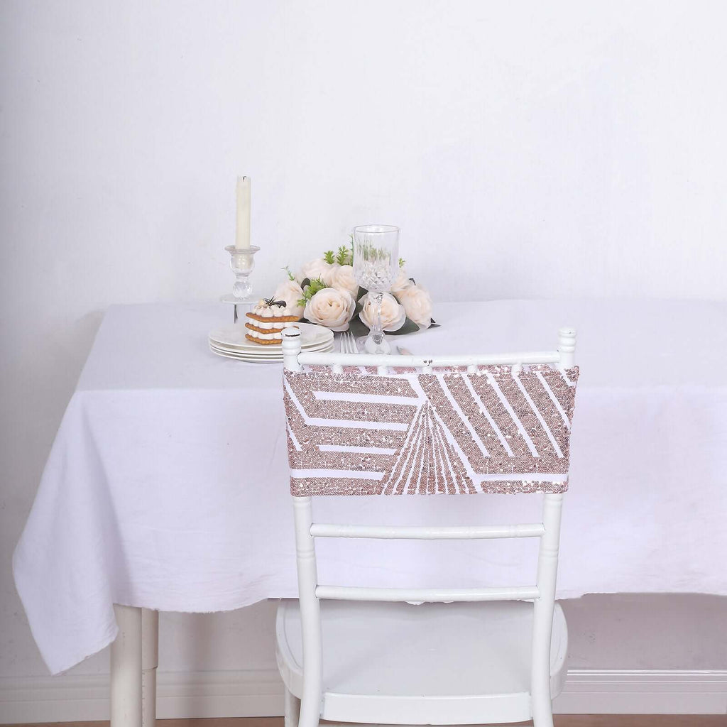 5 Pack Sequin Spandex Chair Sash White with Rose Gold Geometric Diamond Glitz Pattern - Durable & Easy To Use Stretchable Chair Bands - Bell Racket Store