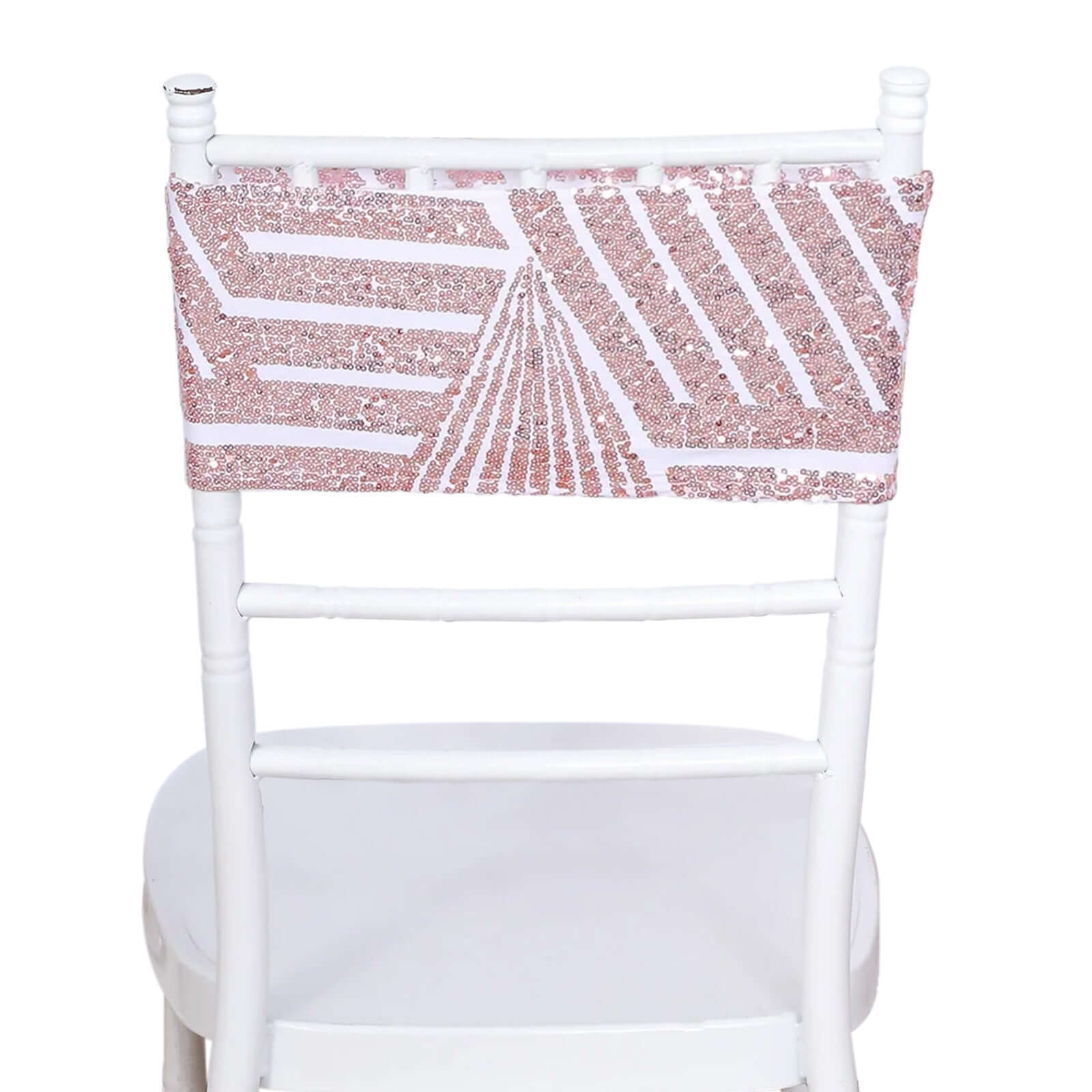 5 Pack Sequin Spandex Chair Sash White with Rose Gold Geometric Diamond Glitz Pattern - Durable & Easy To Use Stretchable Chair Bands - Bell Racket Store