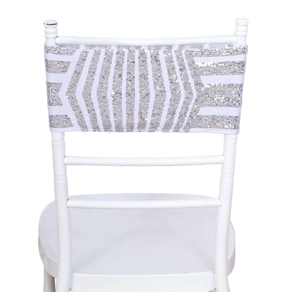 5 Pack Sequin Spandex Chair Sash White with Silver Geometric Diamond Glitz Pattern - Durable & Easy To Use Stretchable Chair Bands - Bell Racket Store