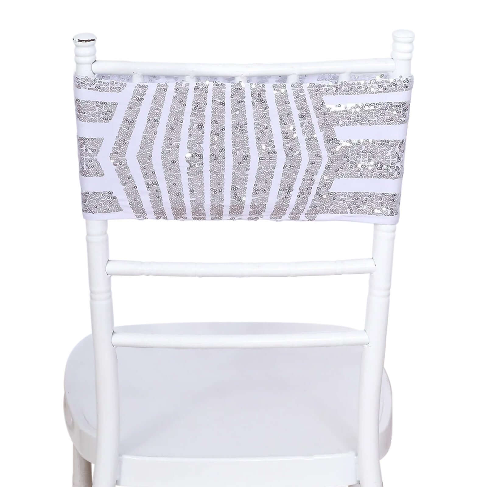 5 Pack Sequin Spandex Chair Sash White with Silver Geometric Diamond Glitz Pattern - Durable & Easy To Use Stretchable Chair Bands - Bell Racket Store