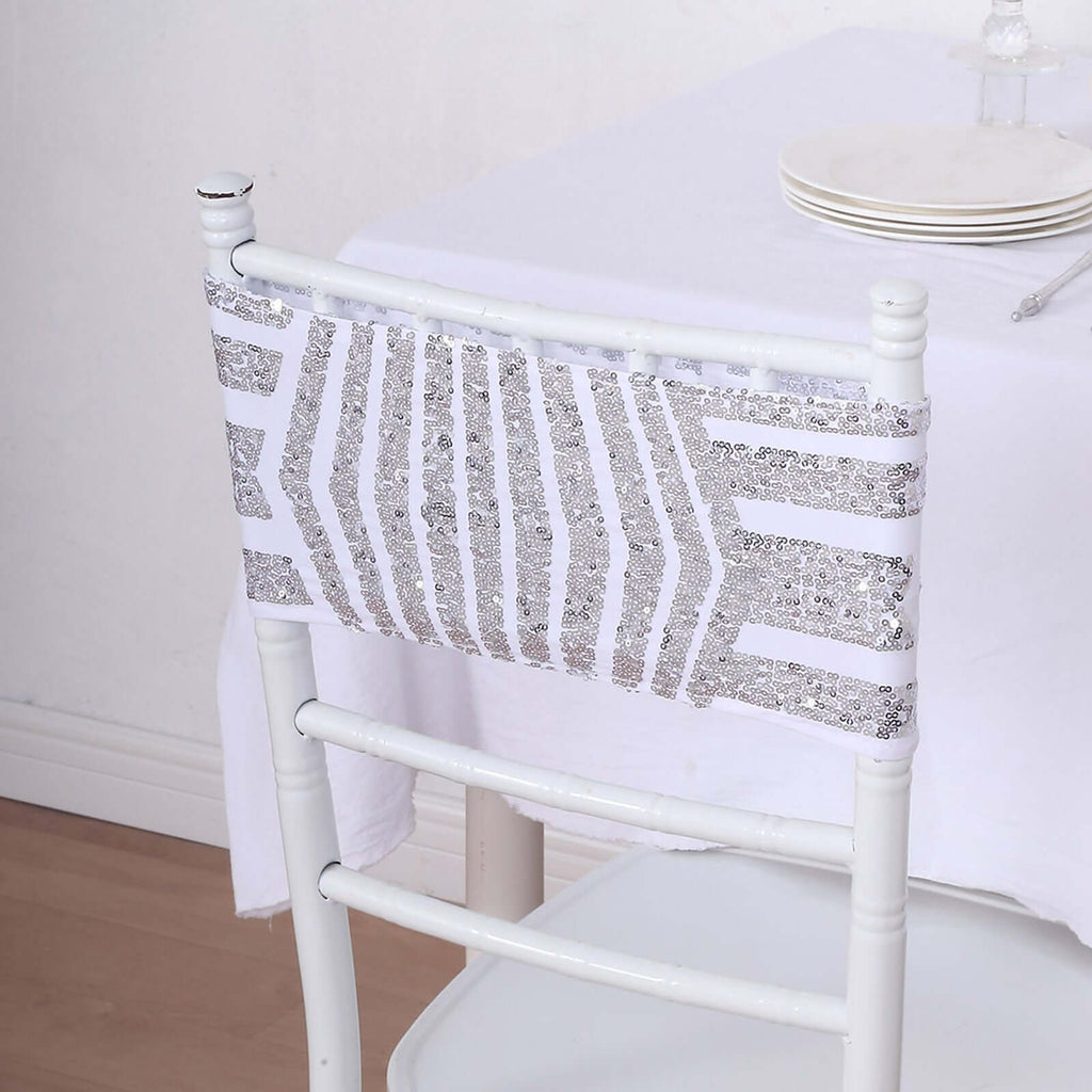 5 Pack Sequin Spandex Chair Sash White with Silver Geometric Diamond Glitz Pattern - Durable & Easy To Use Stretchable Chair Bands - Bell Racket Store