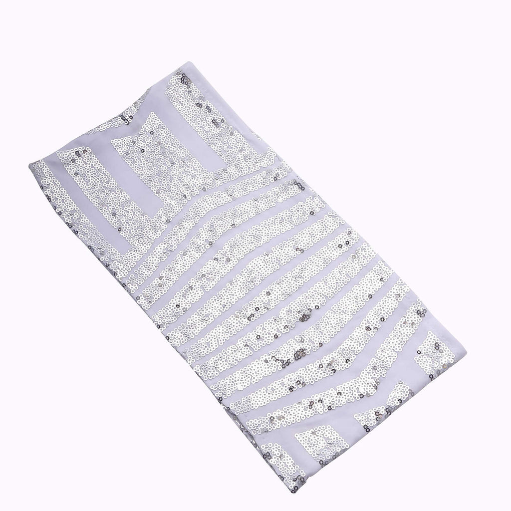 5 Pack Sequin Spandex Chair Sash White with Silver Geometric Diamond Glitz Pattern - Durable & Easy To Use Stretchable Chair Bands - Bell Racket Store