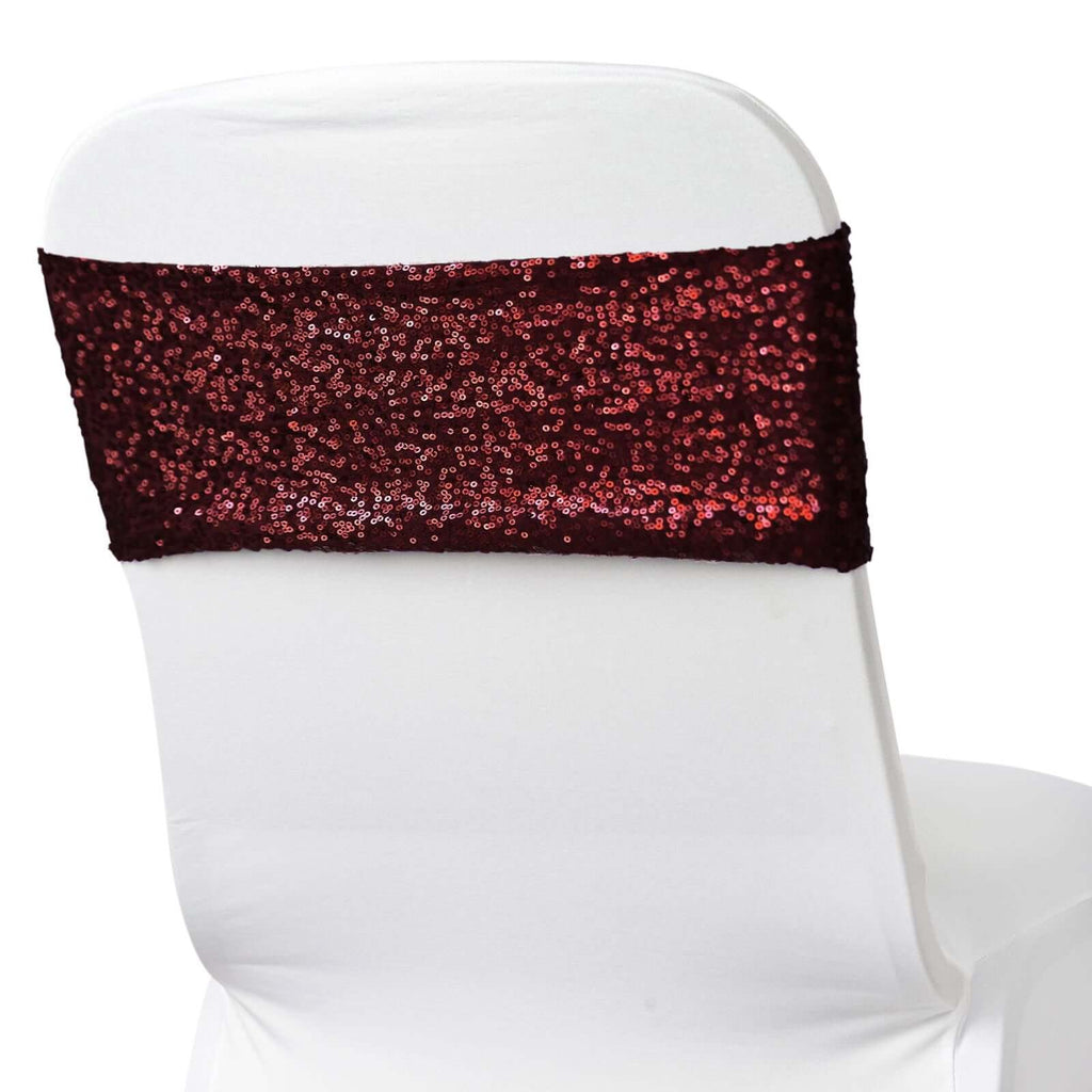 5 Pack Sequin Spandex Chair Sashes Burgundy - Stretch Chair Bands 6"x15" - Bell Racket Store