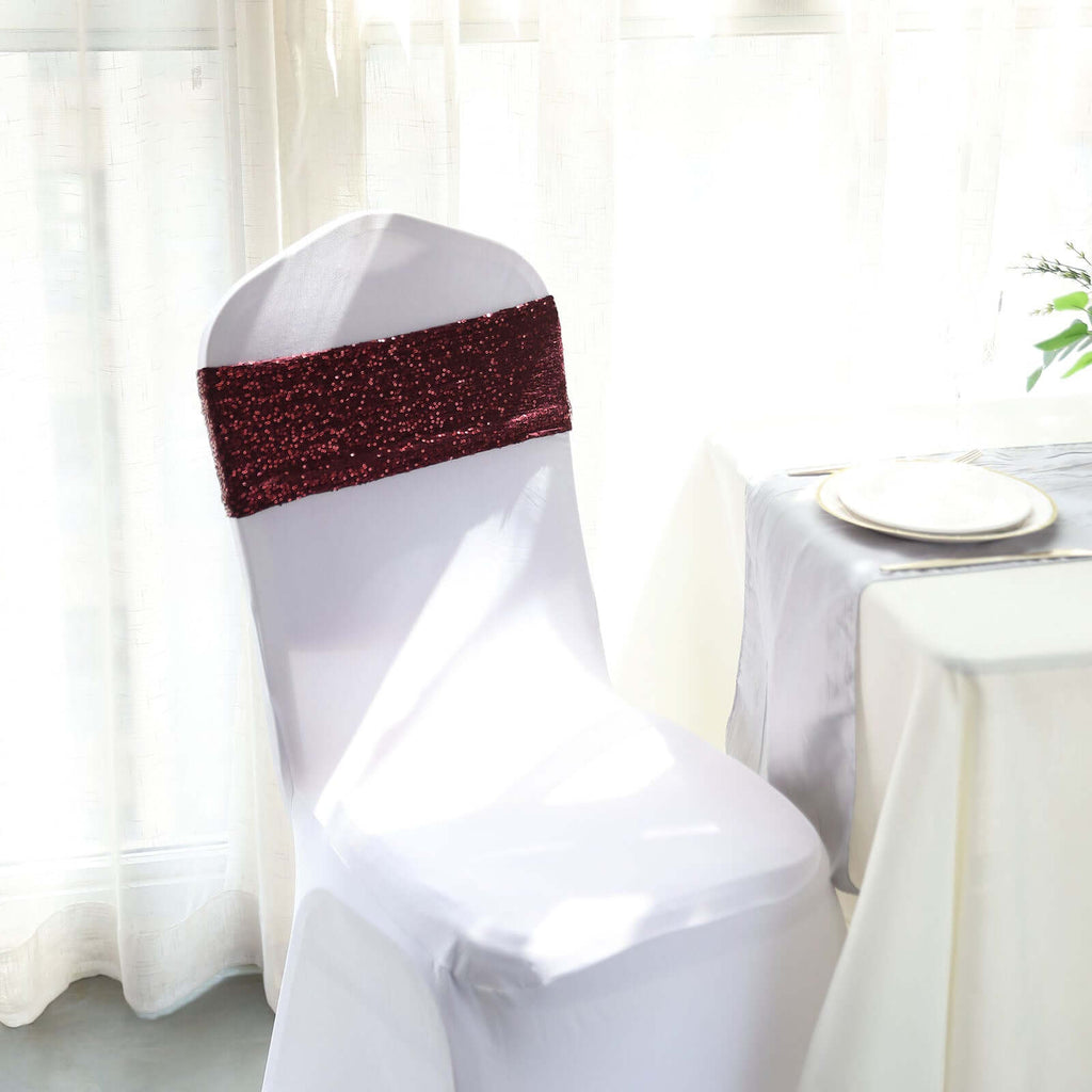 5 Pack Sequin Spandex Chair Sashes Burgundy - Stretch Chair Bands 6"x15" - Bell Racket Store