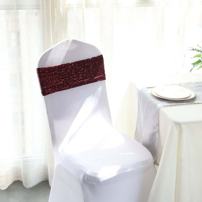 5 Pack Sequin Spandex Chair Sashes Burgundy - Stretch Chair Bands 6"x15" - Bell Racket Store