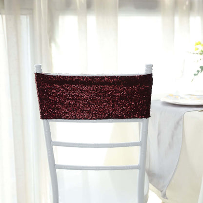 5 Pack Sequin Spandex Chair Sashes Burgundy - Stretch Chair Bands 6"x15" - Bell Racket Store